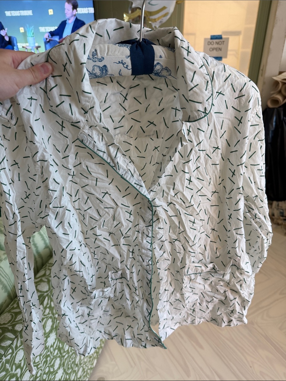 LAKE Women's White Cotton Pajama Top with Green Dash Print top only